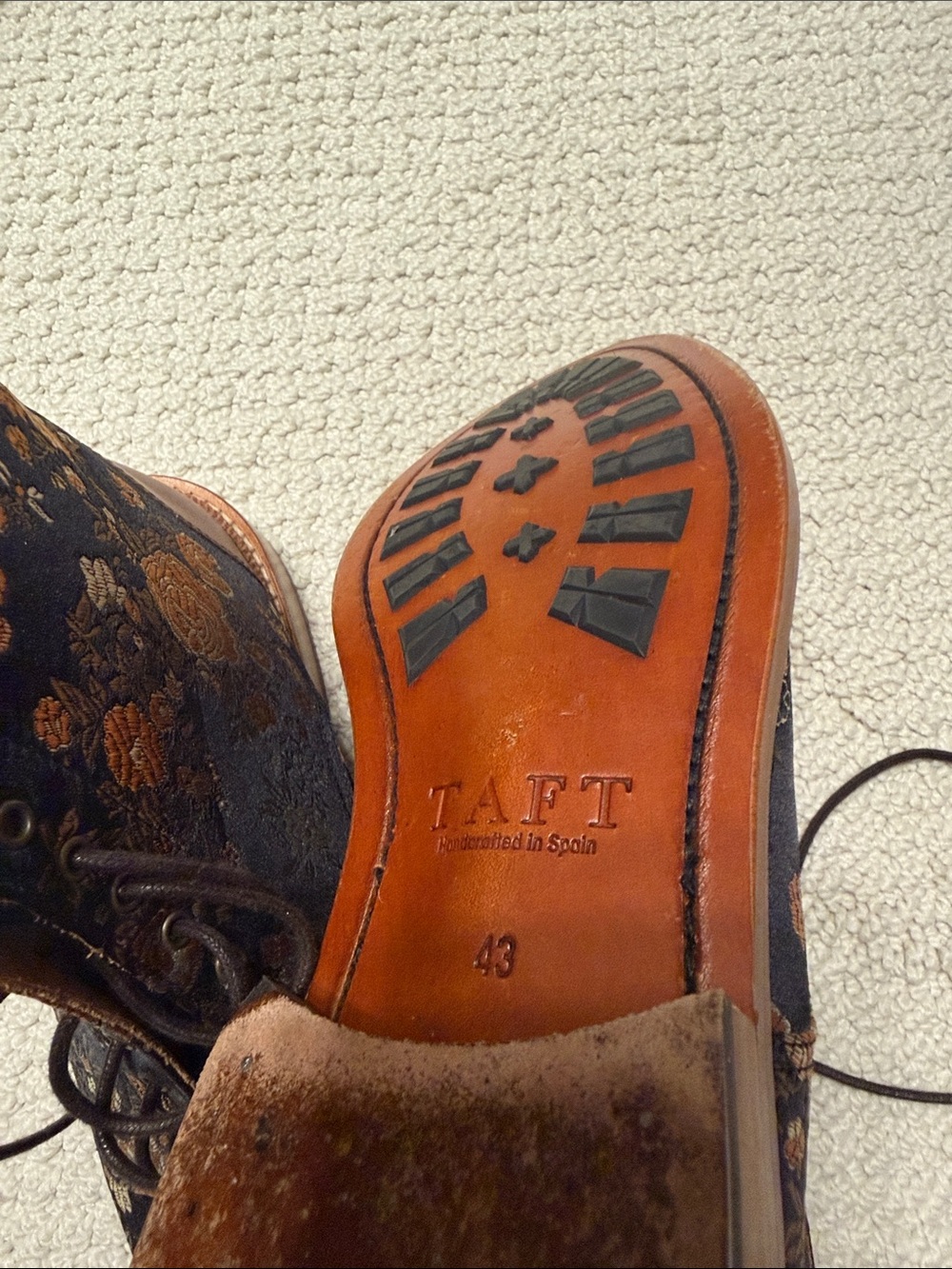 Taft Black Brocade Floral Lace-Up Boots with Brown Leather Cap - Picture 3 of 4